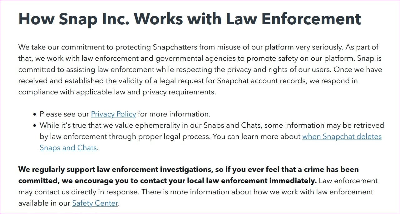 Snapchat support page