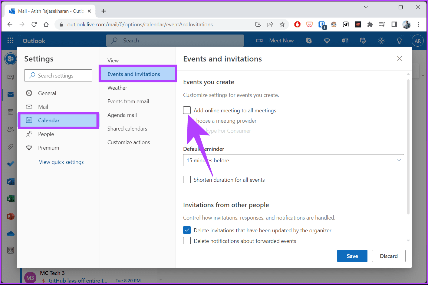 uncheck 'Add online meetings to all meetings.'