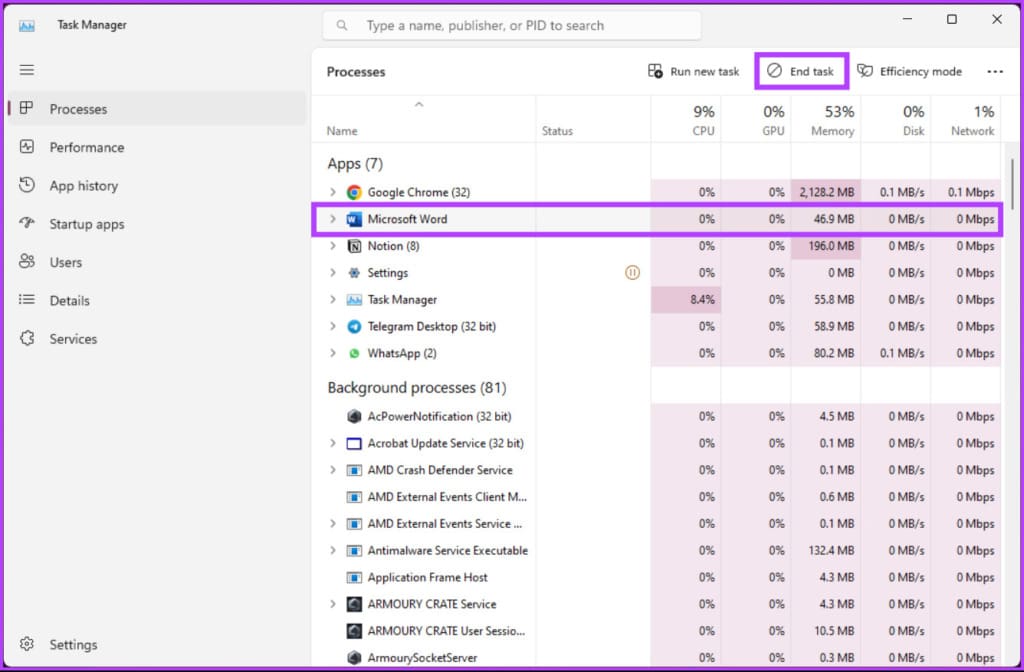 select the Microsoft Office program and click End task