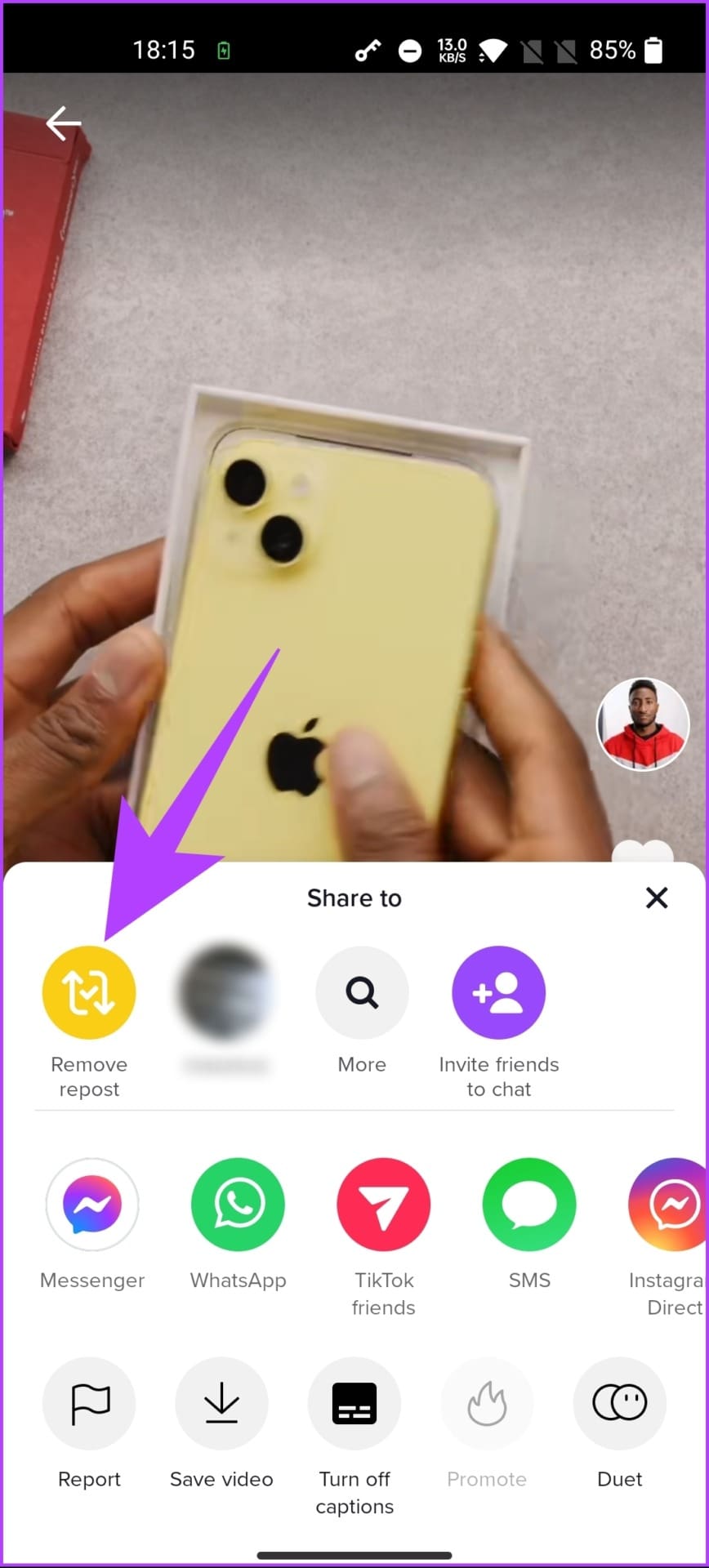 tap the Remove repost (yellow) button