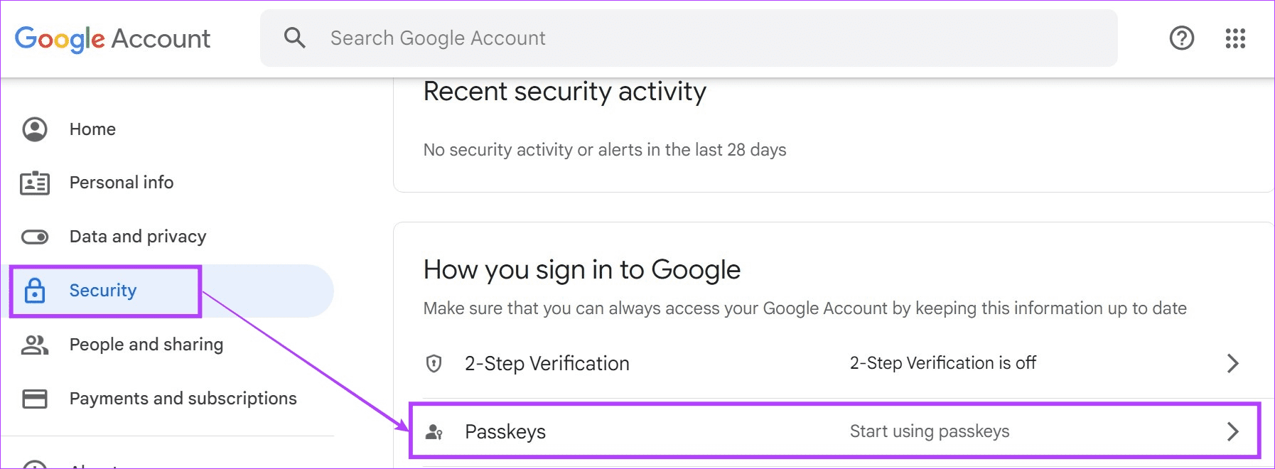 Open Passkey settings
