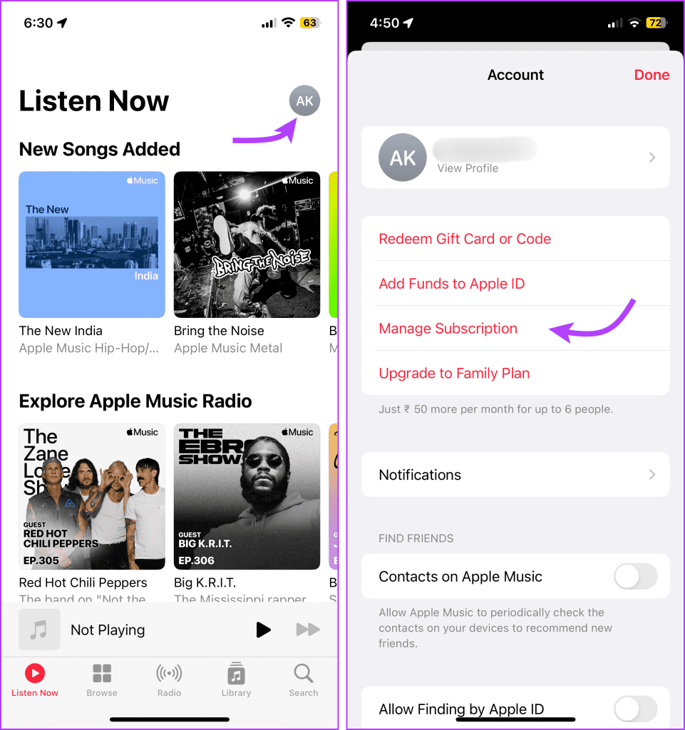 Tap profile and the Manage Subscriptions