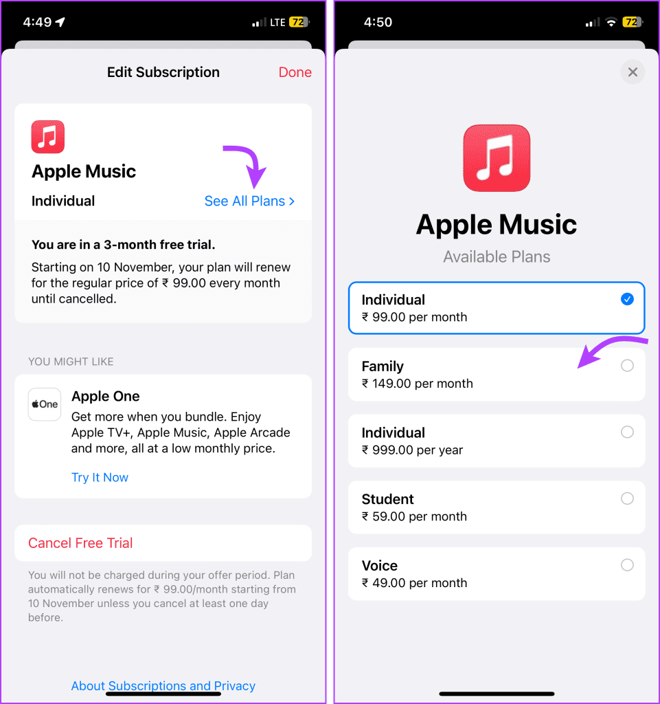 Tap See all plans and select a new plan