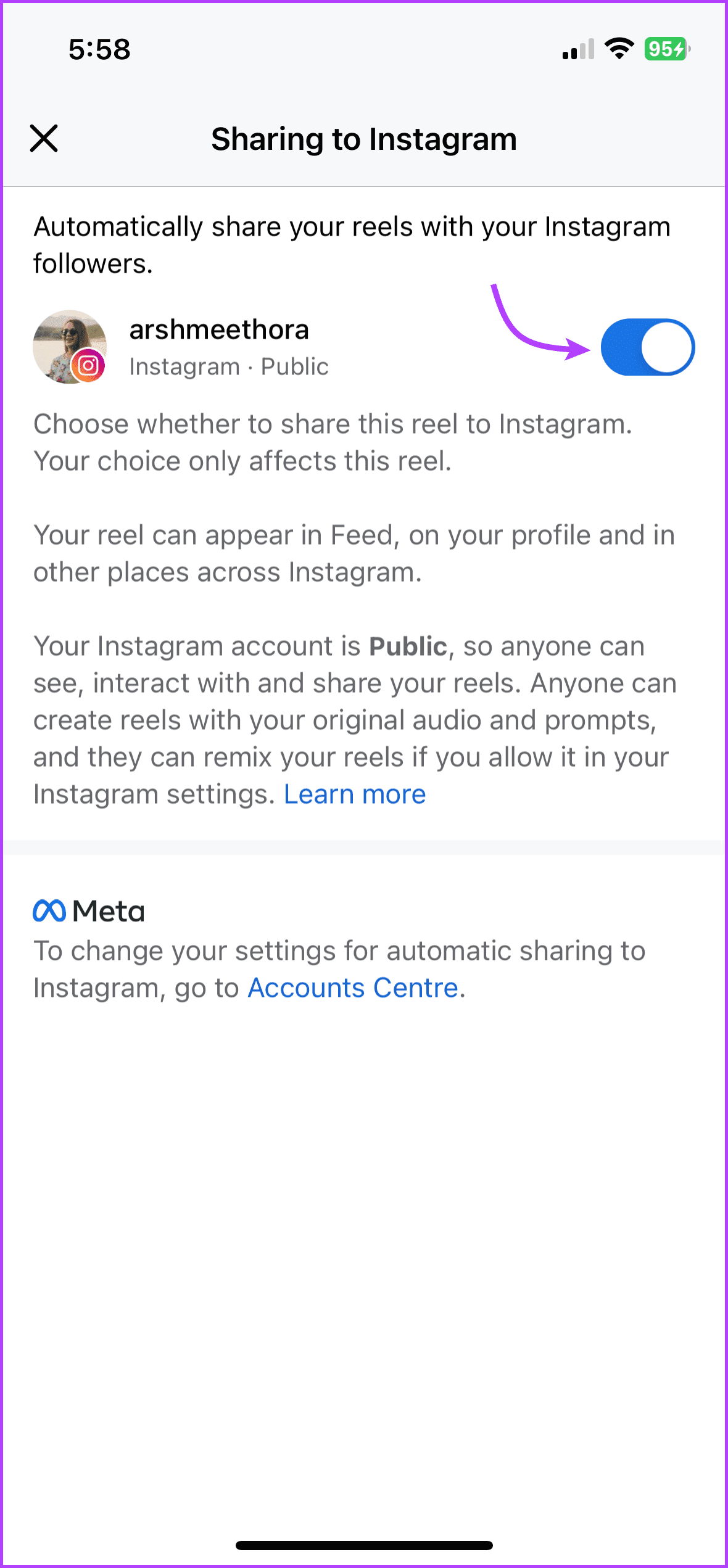 Toggle on to share the Facebook reel to Instagram