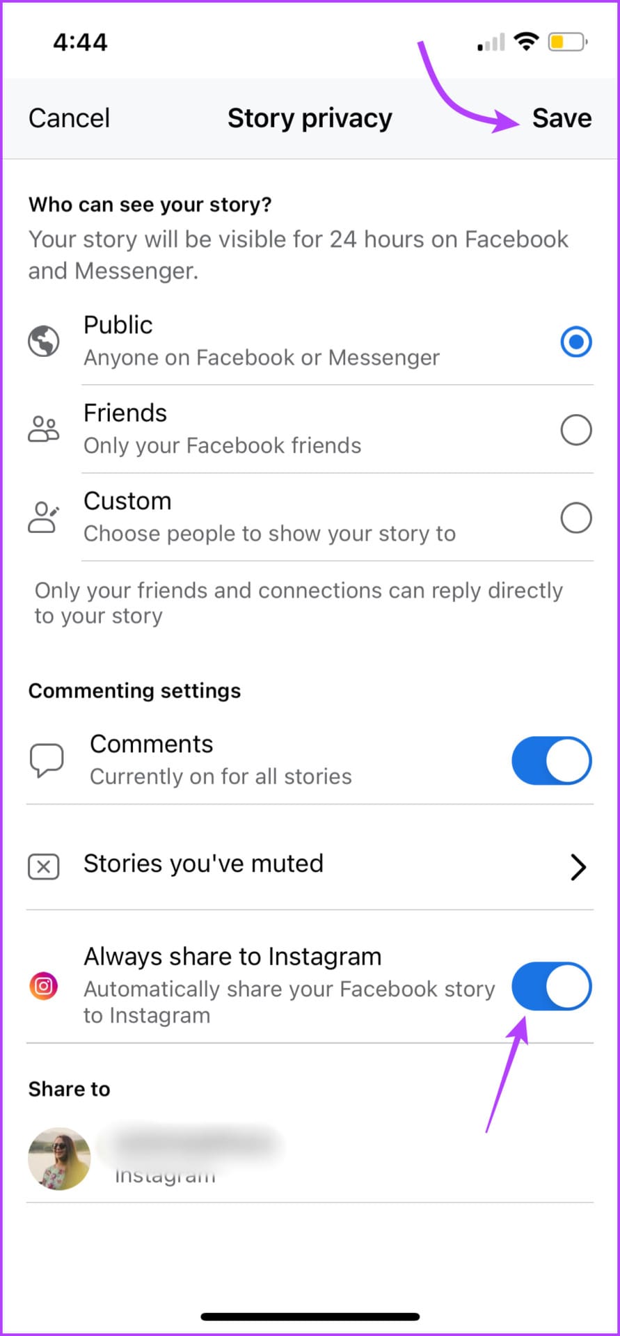 Toggle on Always share to Instagram