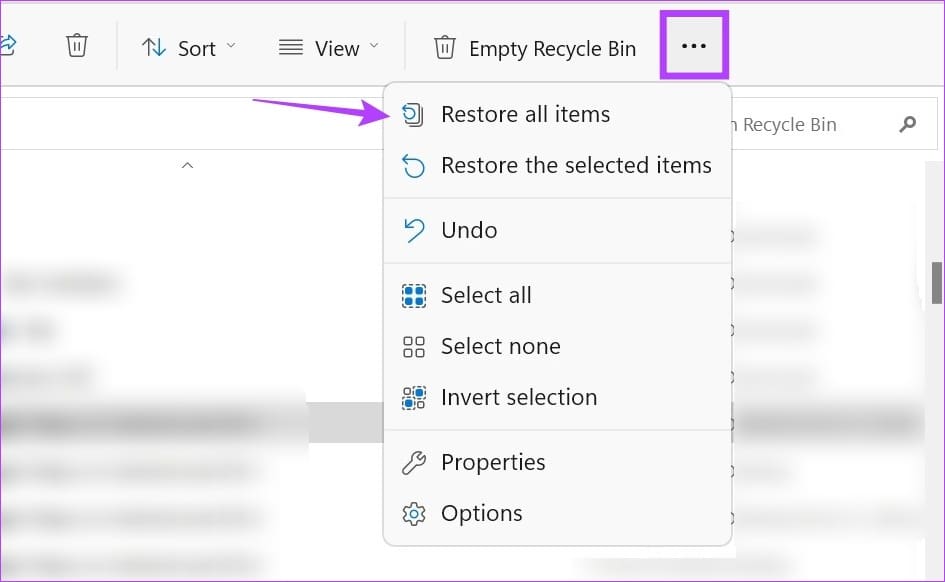 Click on three-dot icon & Restore all items