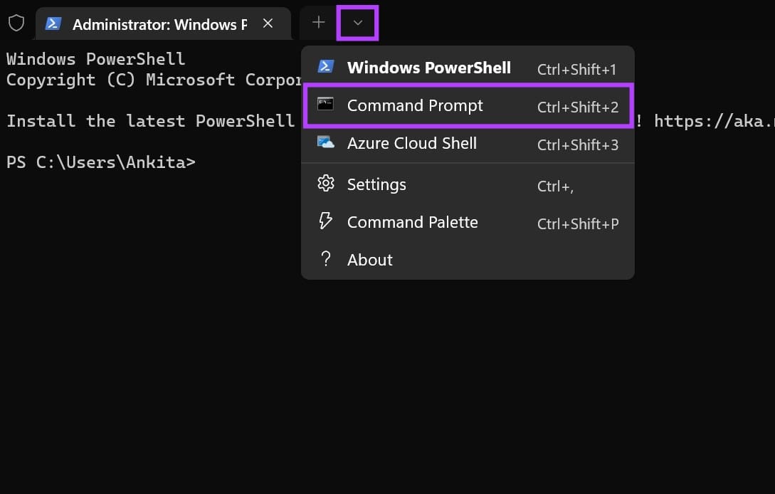 Click on arrow & select Command Prompt