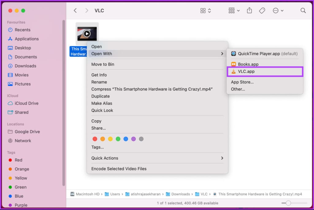 select Open With and choose VLC.app