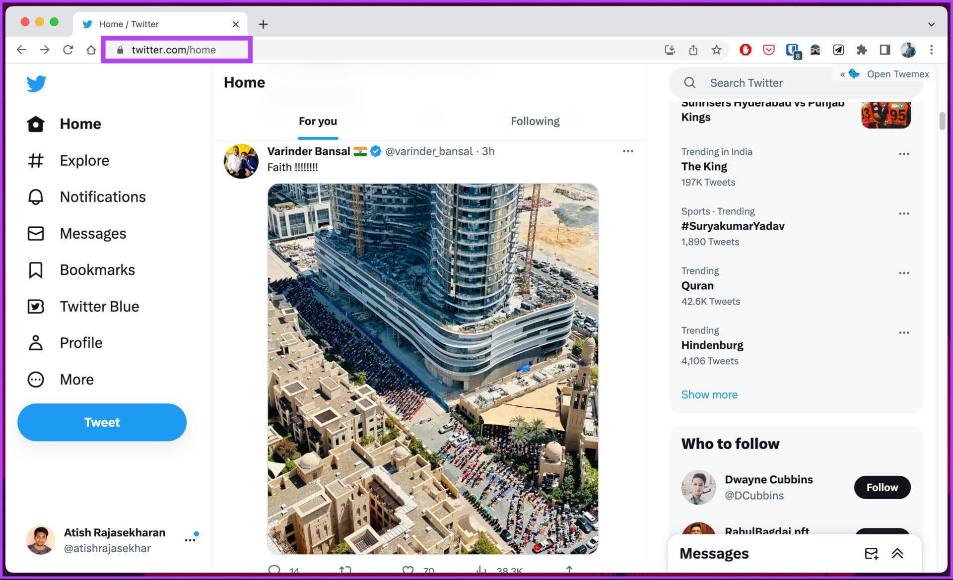 Go to Twitter from your preferred browser