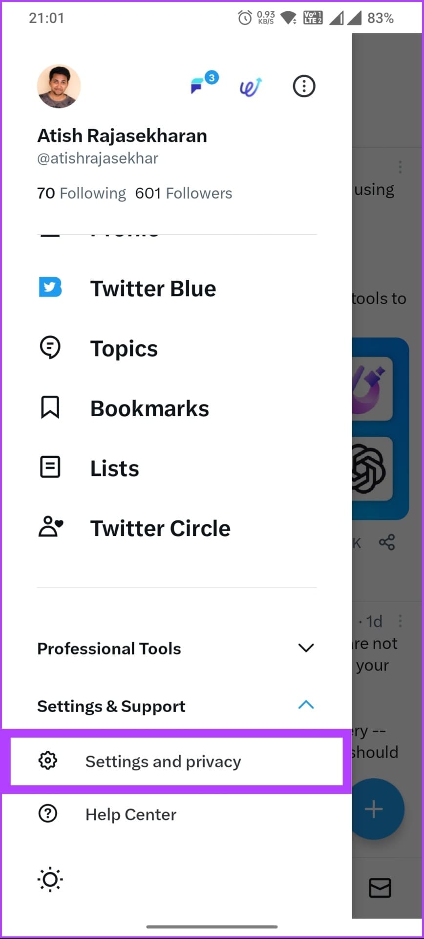 Select 'Settings and privacy'