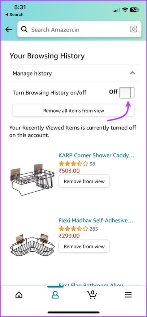Toggle off Amazon Browsing history