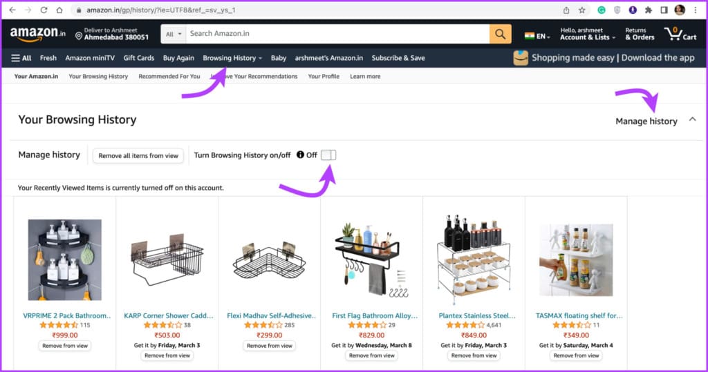Toggle off the switch to disable Amazon browsing history