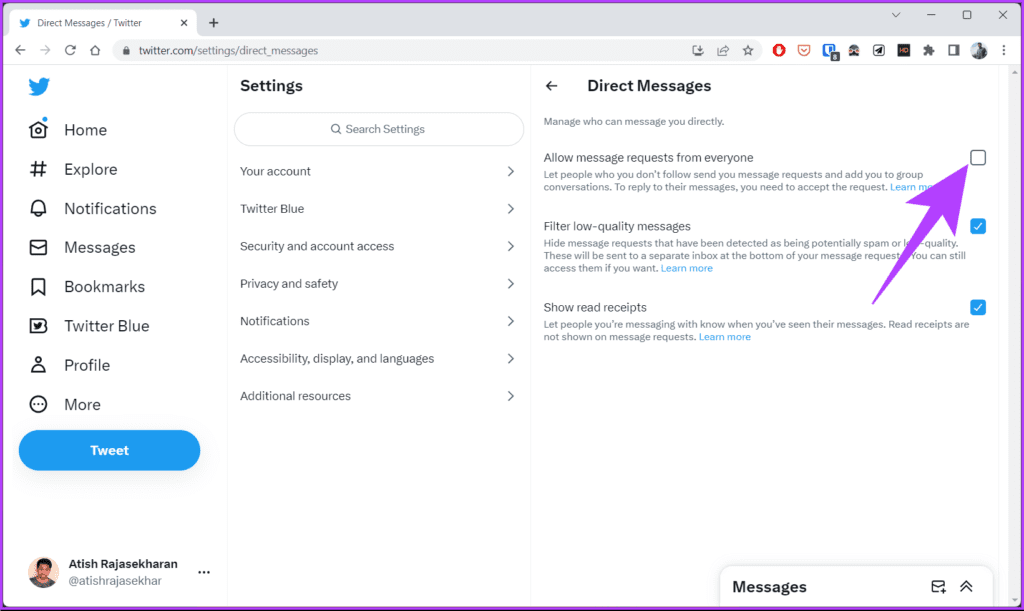 Uncheck the box that says 'Allow message requests from everyone.'