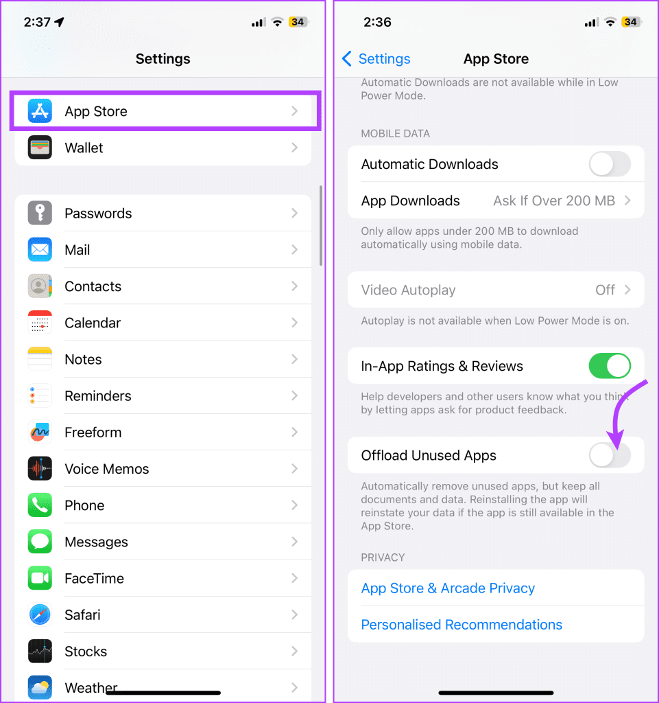 Toggle off Offload Unused Apps
