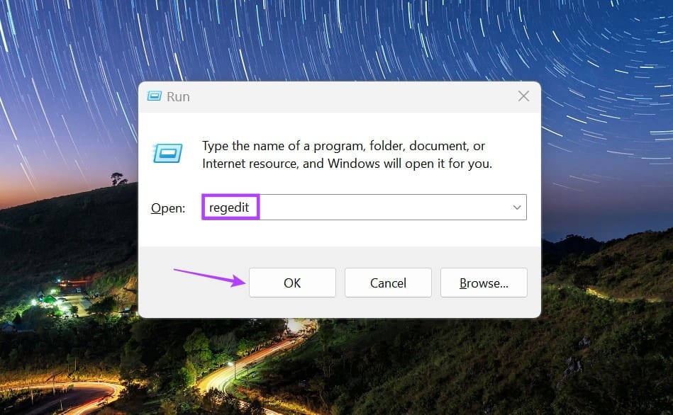 Type regedit and click on OK