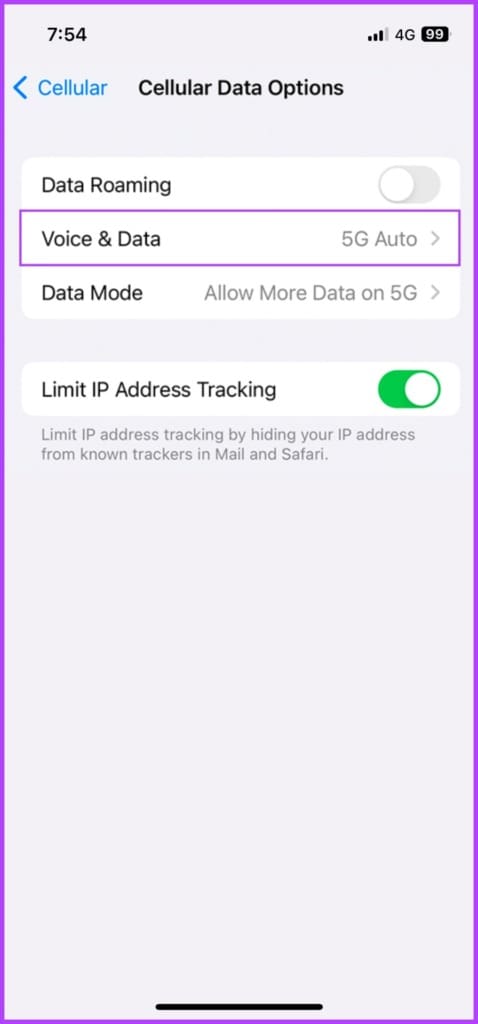Select Voice data to turn on or off 5G
