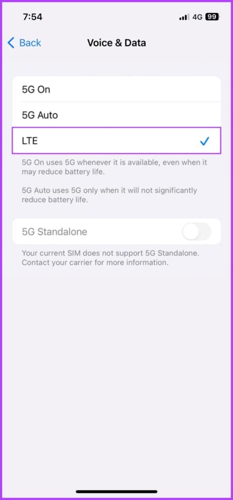 Select between LTE, 5G Auto, or 5G On