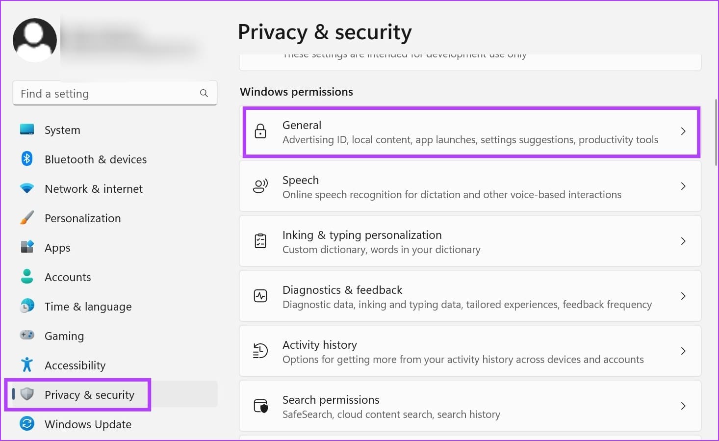 Open Privacy & security & click on General