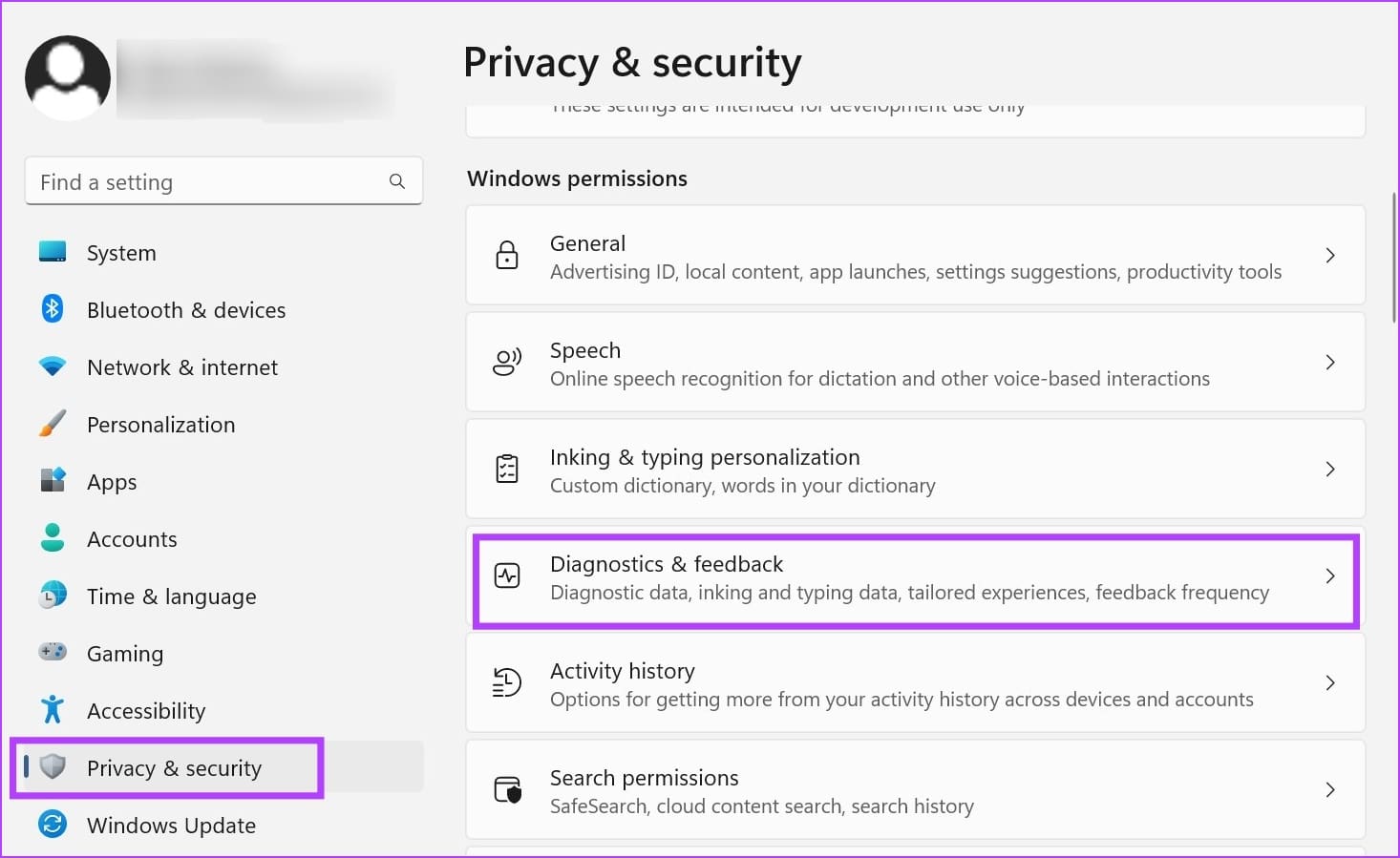 Open Privacy & security & open Diagnostics
