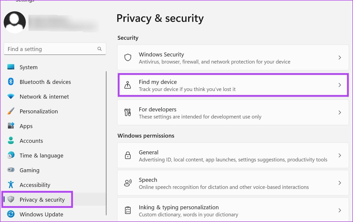 Open Privacy & security & open find my device