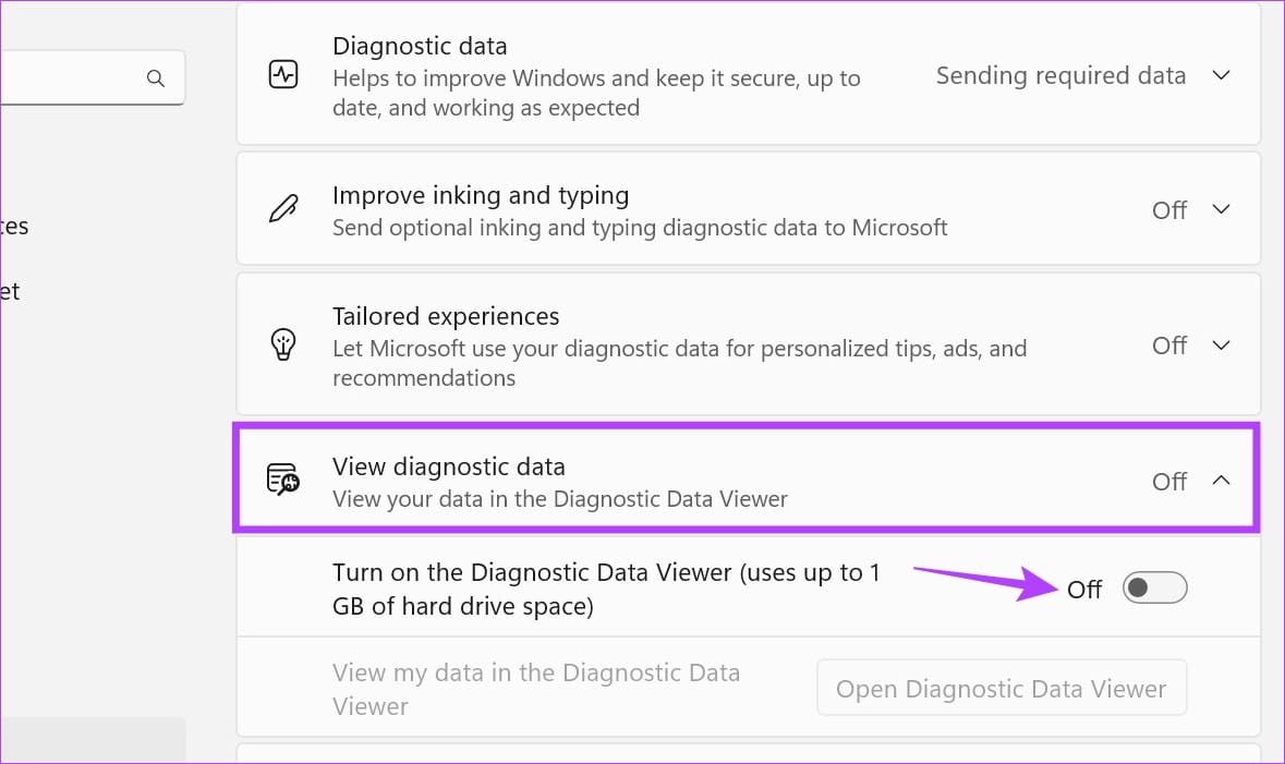 Ensure View diagnostic data toggle is off