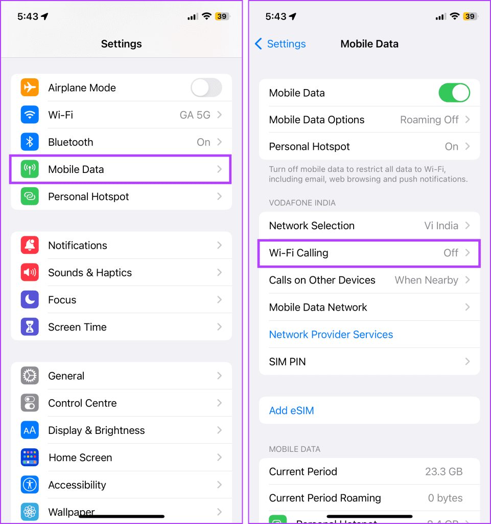 Select Mobile Data and then Wi-Fi Calling