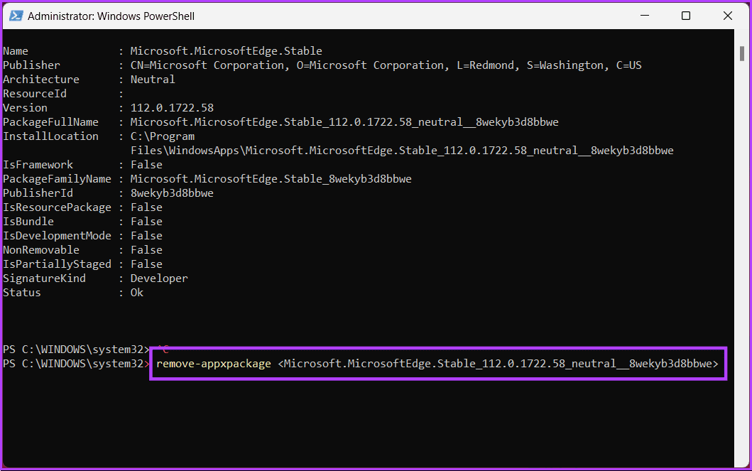 type the below command to uninstall Microsoft Edge