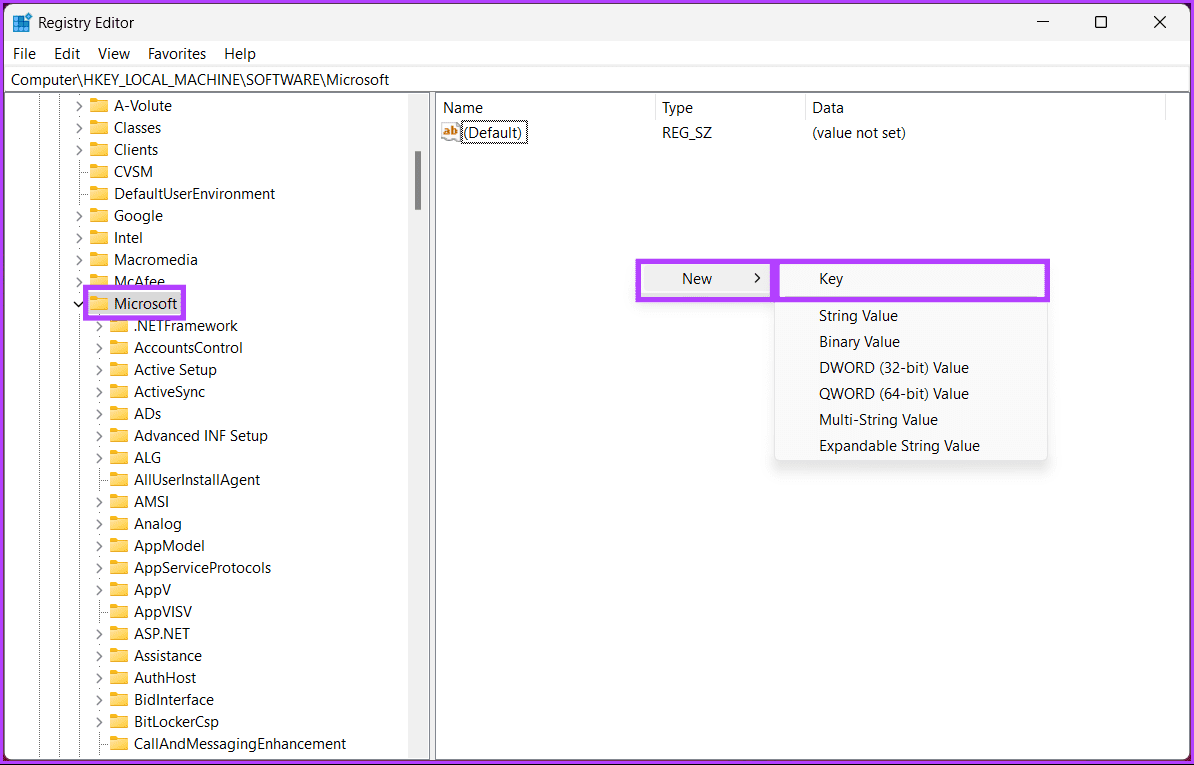 right-click to select New and choose Key