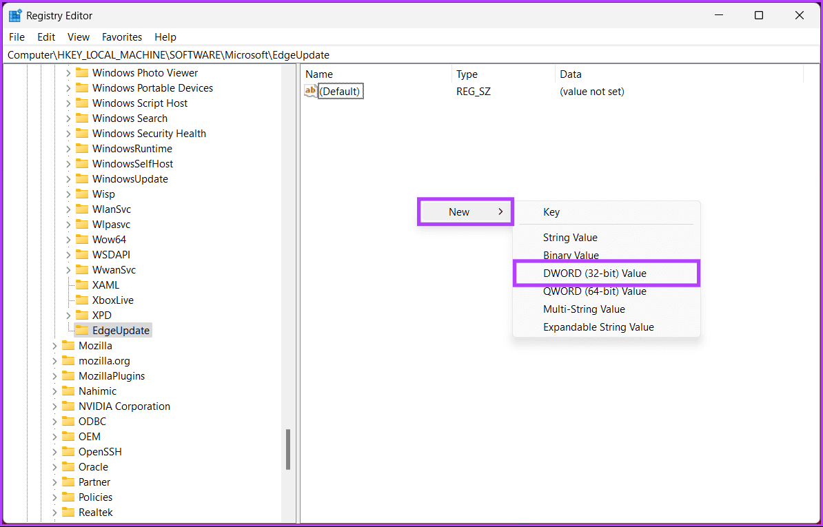 choose DWORD (32-bit) Value