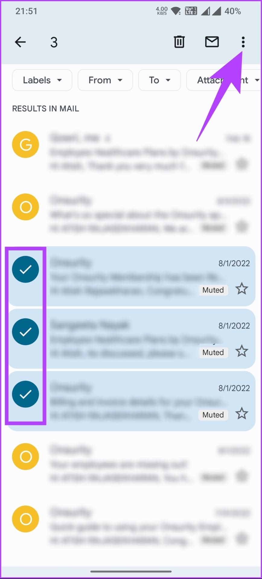 select the emails you want to unmute