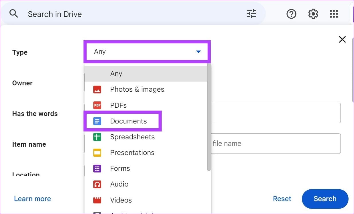In the drop-down select Documents