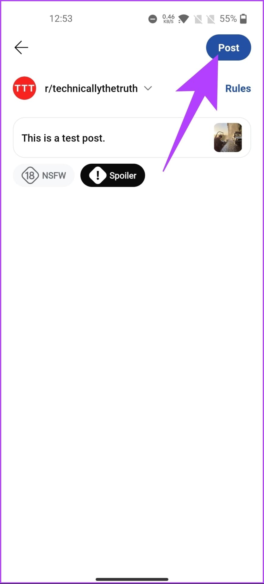 Tap the Post button at the top right corner