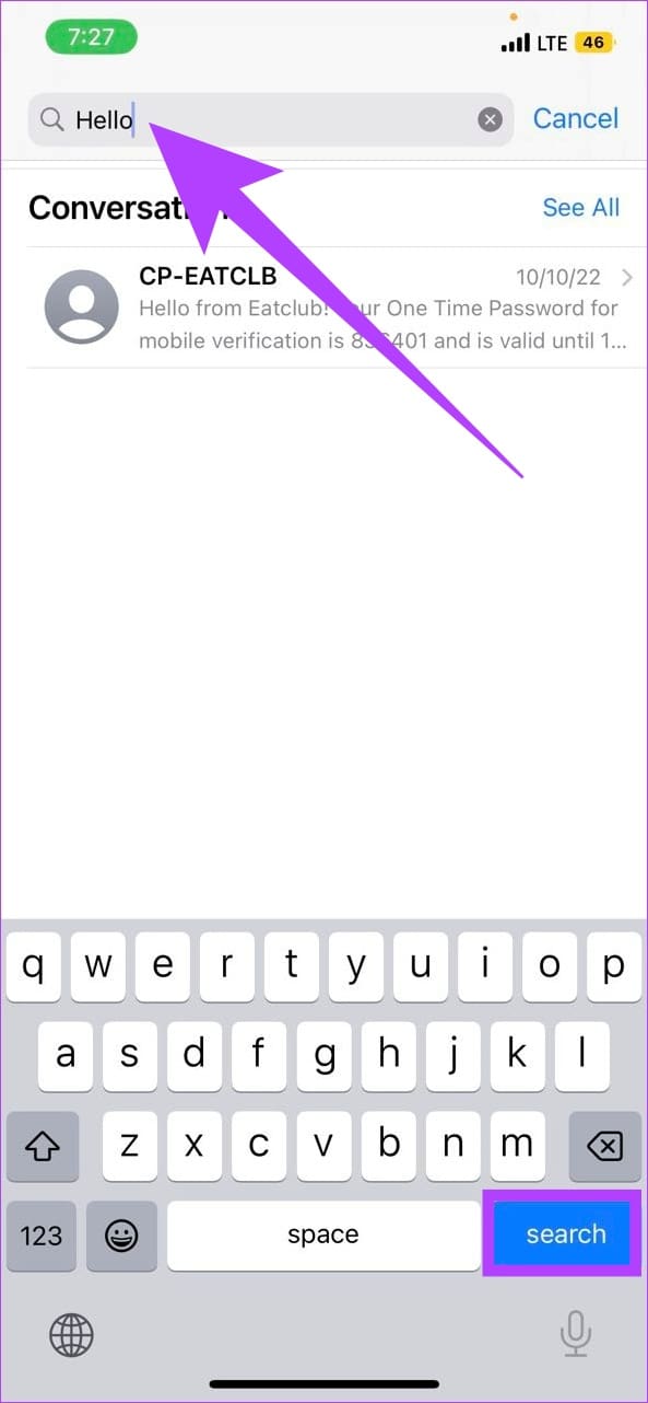 Enter the text and tap on search