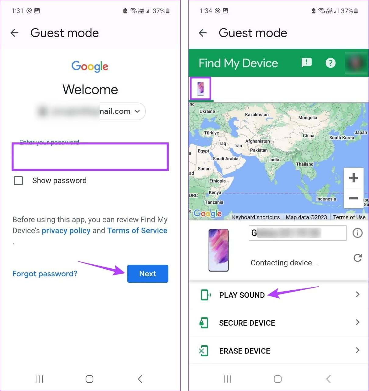 Enter password & tap on Play Sound