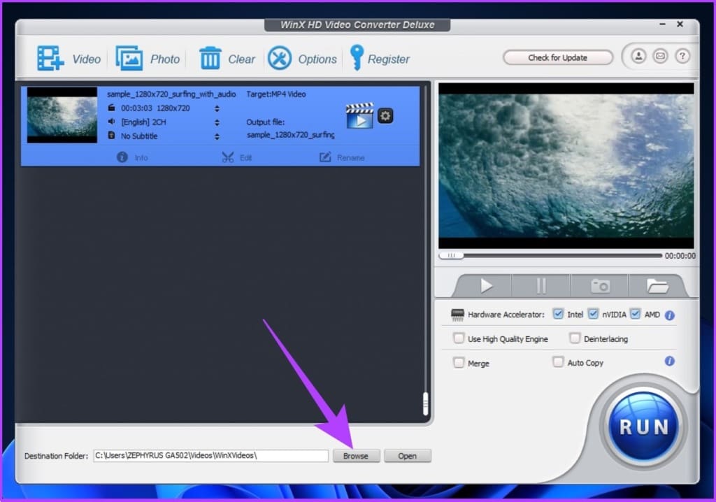 Select the file's destination