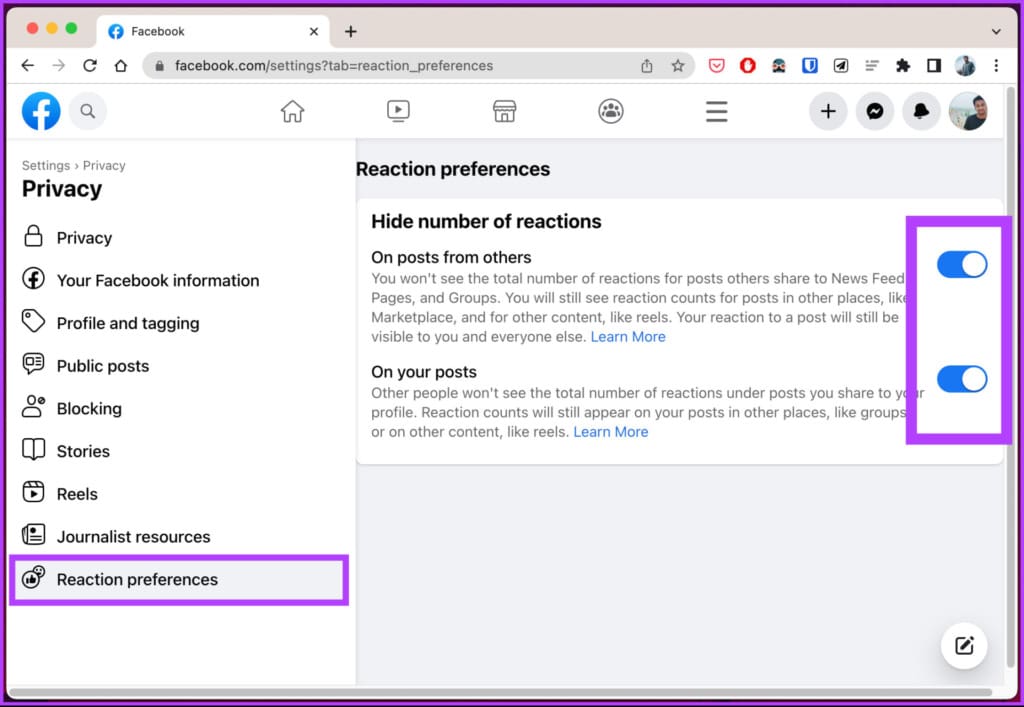 Toggle ‘On posts from others’ and ‘On your posts.’ 