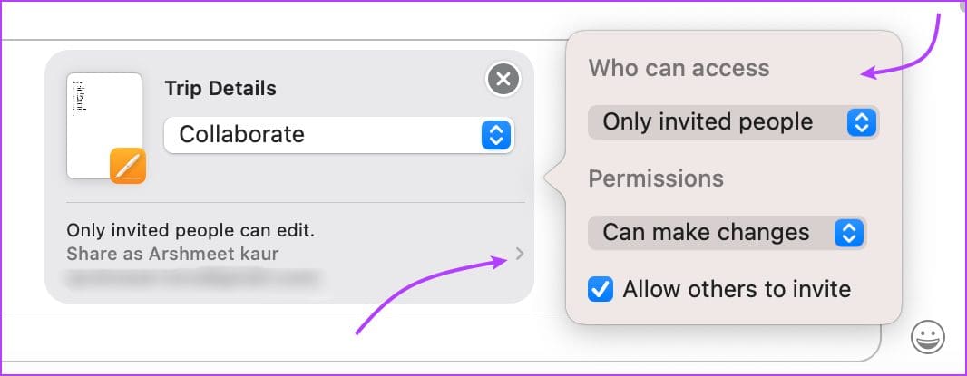 Manage sharing preferences before sending collaboration invite