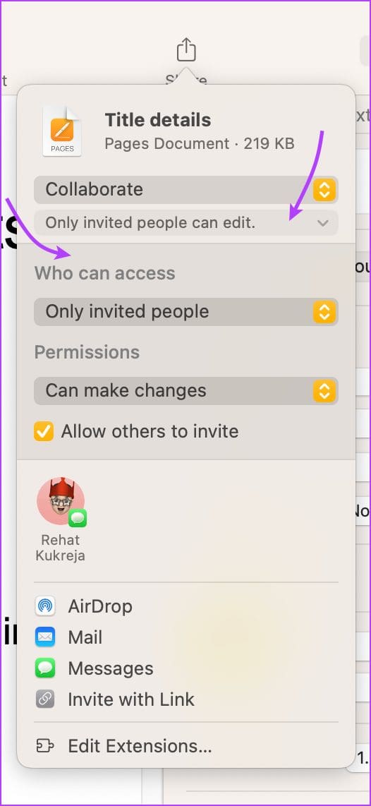 Manage sharing settings before inviting for collaboration 