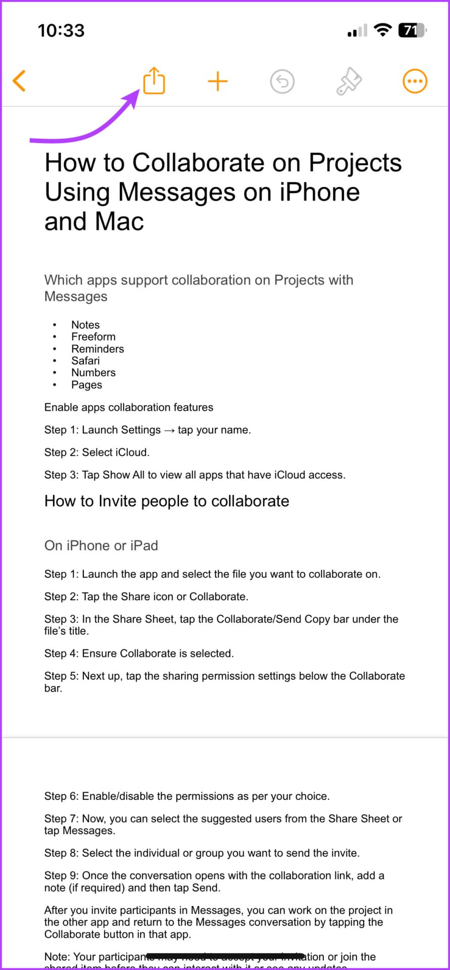 Tap the share icon to invite for collaboration on iPhone