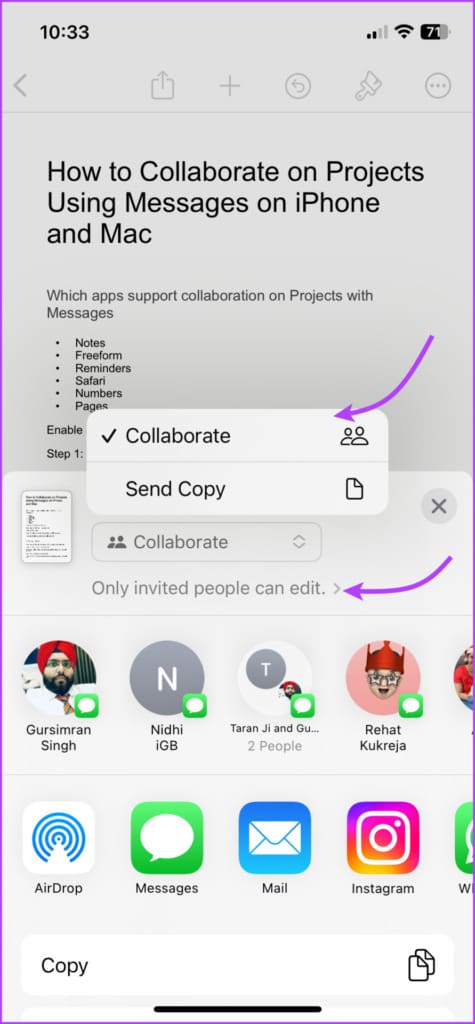 Ensure Collaboration is selected in the Share Sheet