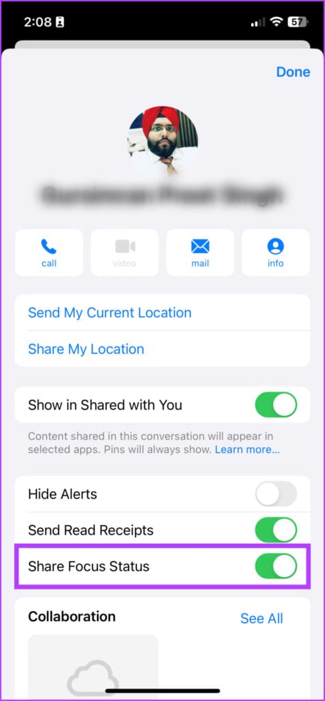 Toggle on or off share Focus status
