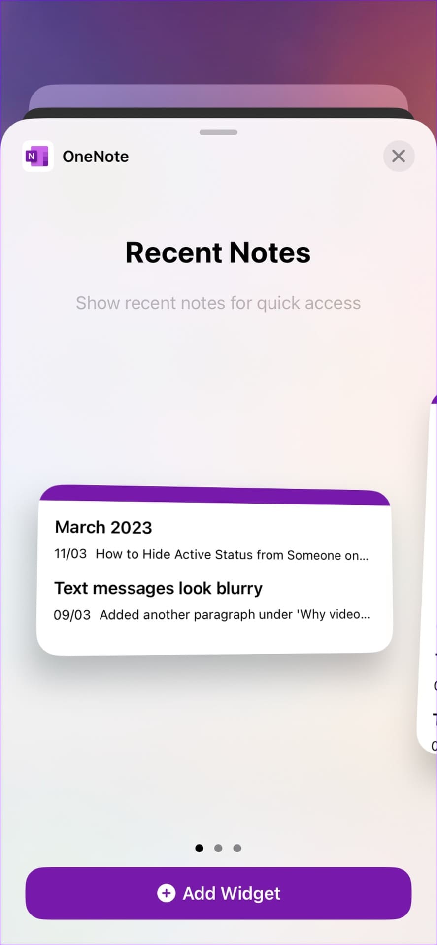 OneNote widgets on iPhone