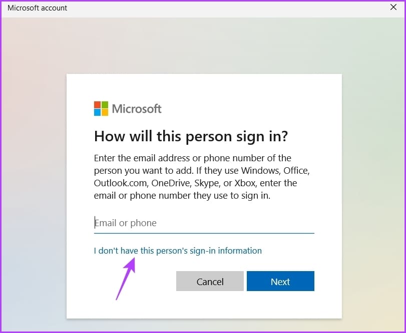 I don't have this person's sign-in information option in Windows Settings