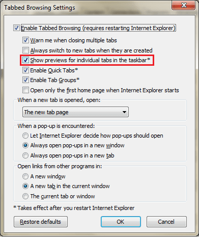 Ie Tabs Settings