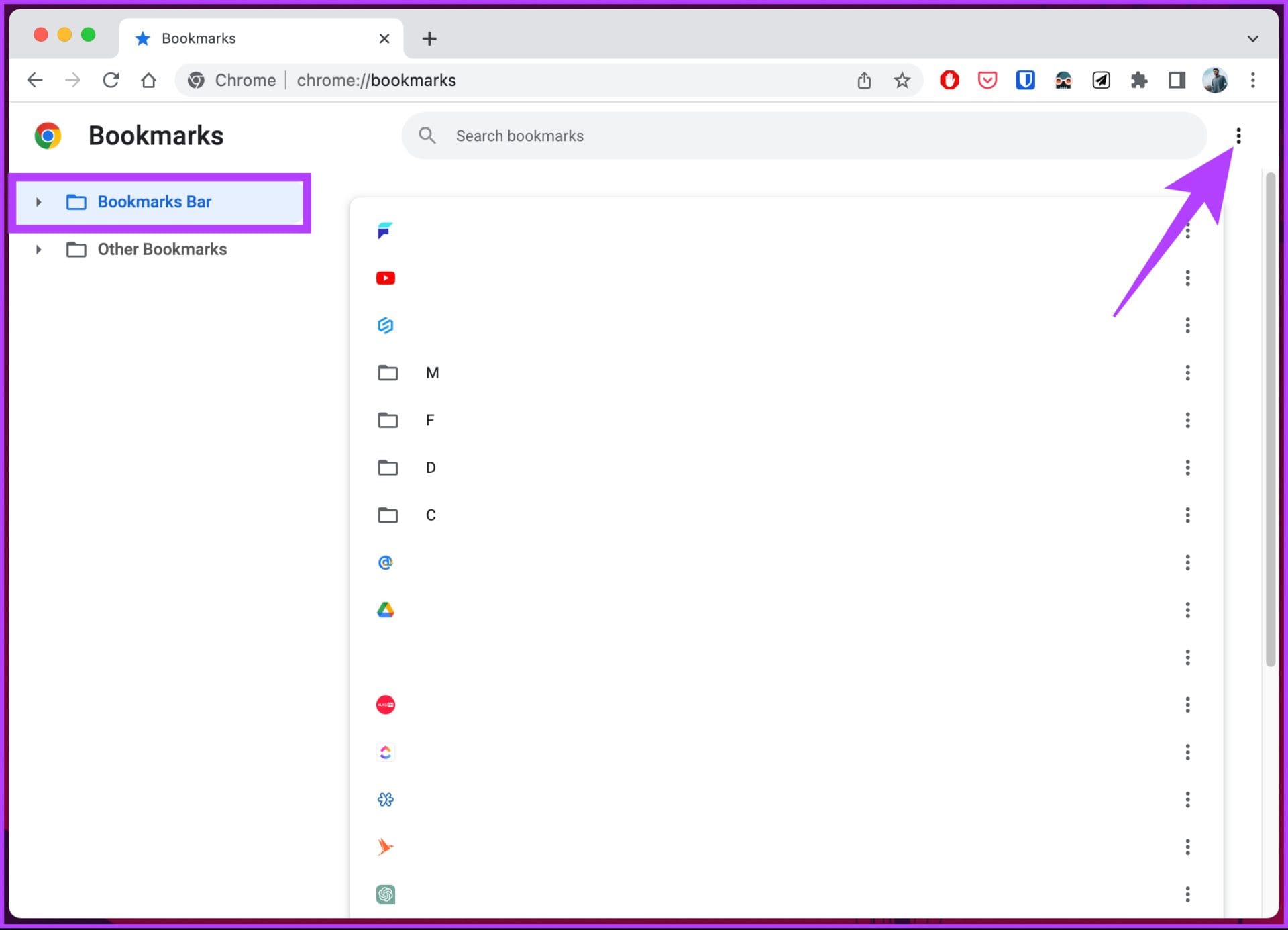 Select the bookmark section you want to import