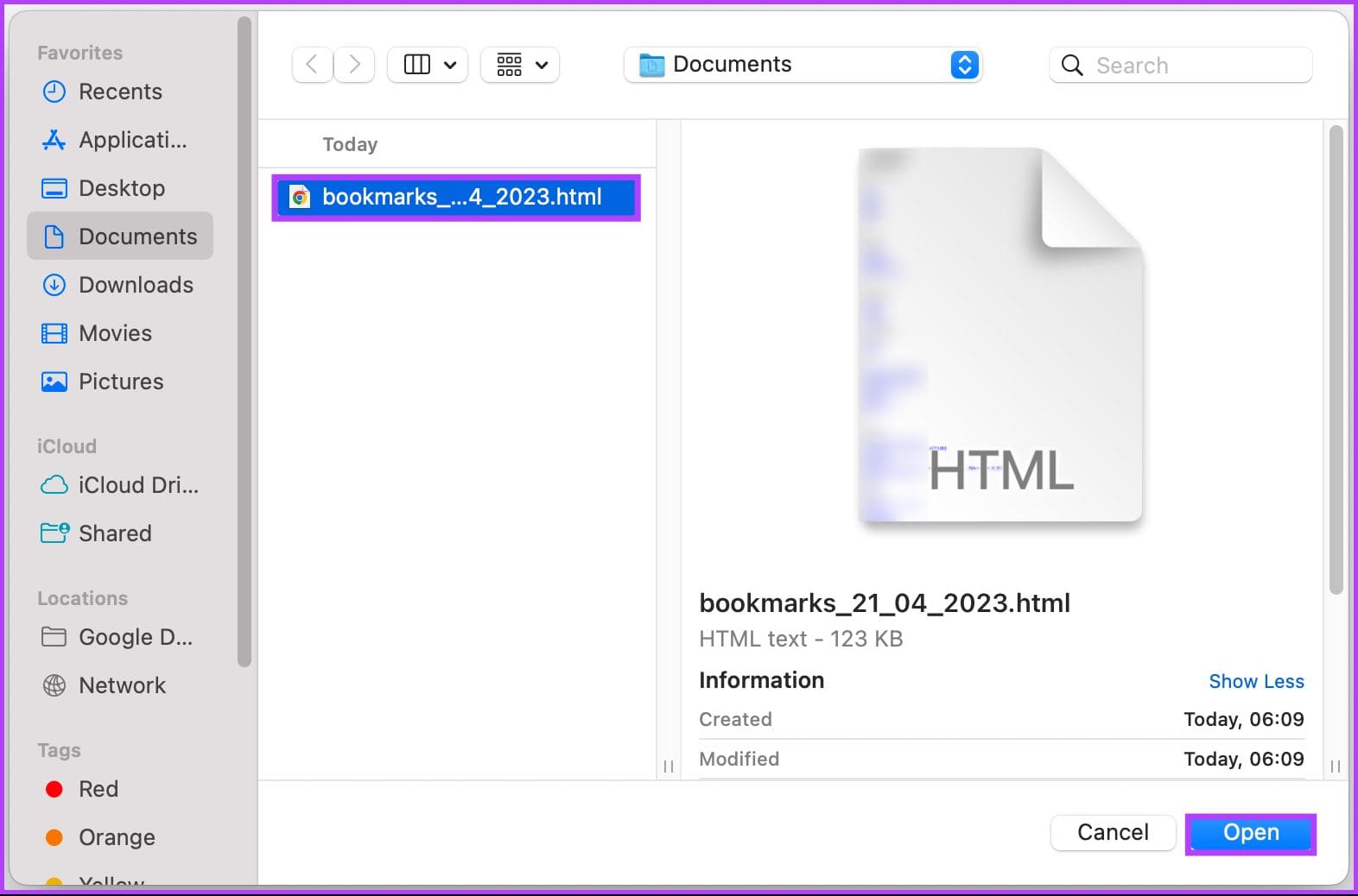 select the HTML file, and then click Open