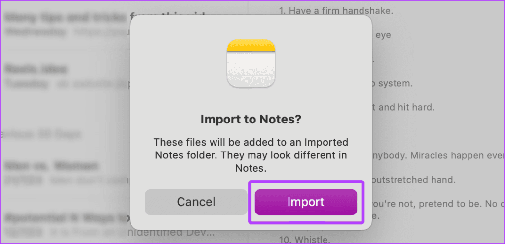 Import Conformation in Notes App