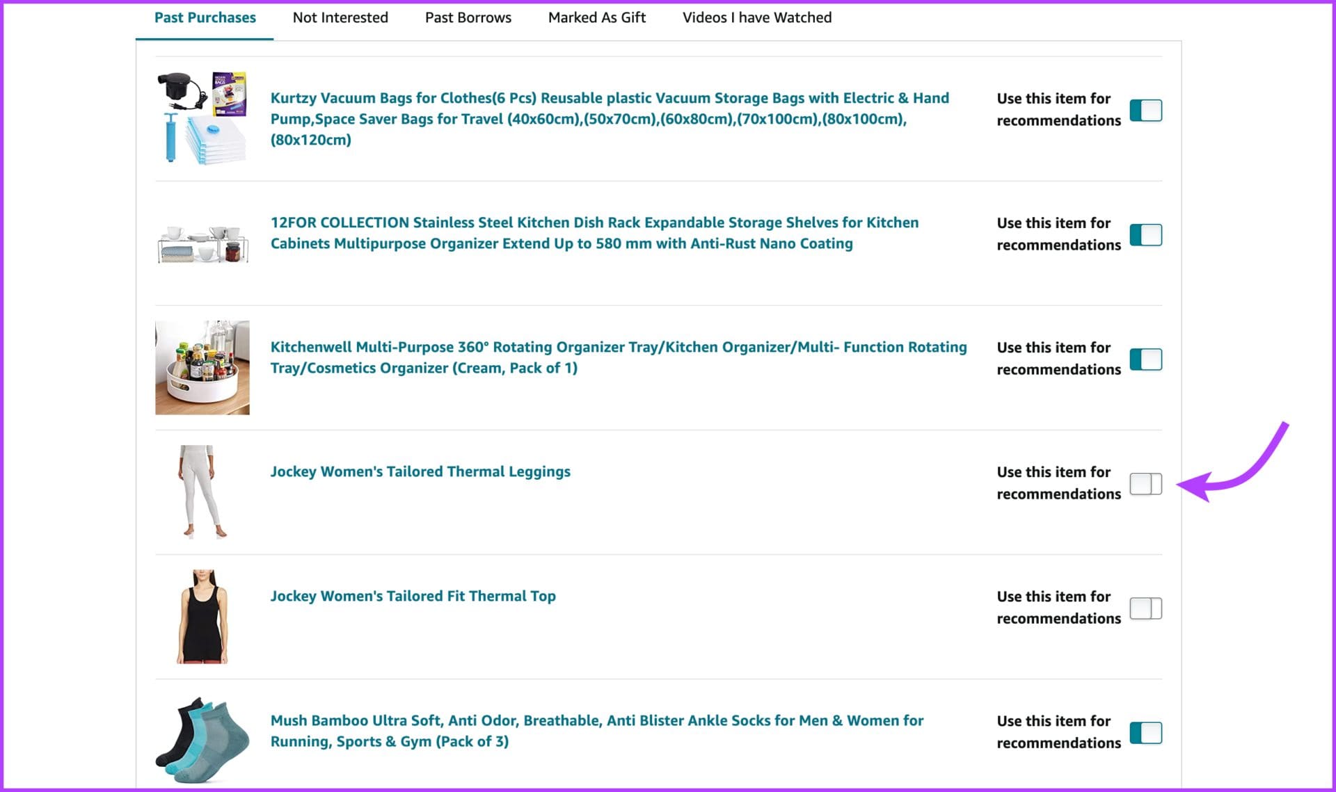 Toggle off the product you don't want remove from recommendations