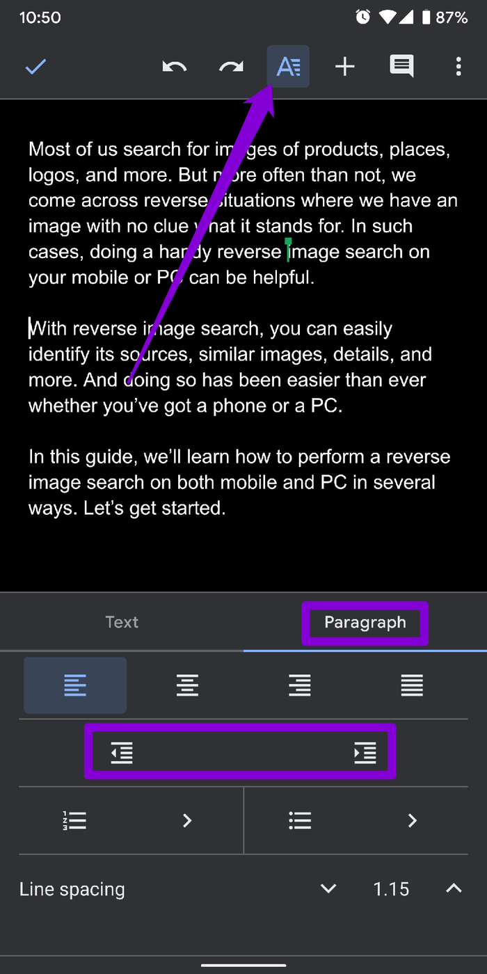 Indent Paragraphs in Google Docs App