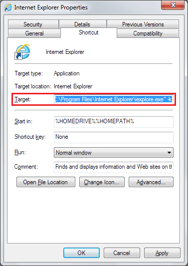 Internet Explorer Shortcut Target